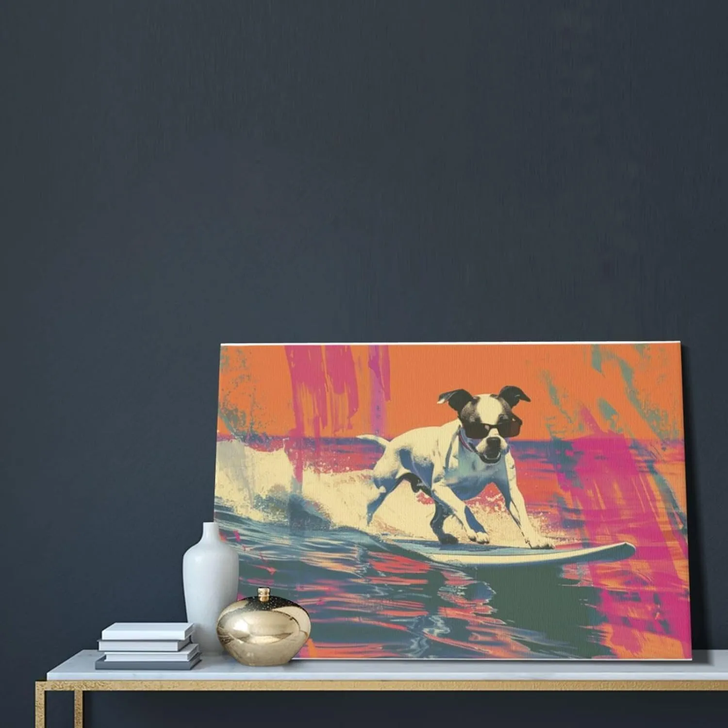 MA6GE8DE Canvas For Painting Poster Surfing Dog Bathroom Decor,Home Bathroom,Office,Man Cave,Study Decorative Paintings,Gifts For Surfing Lovers & Dog Master,Funny Surfing Dog Decor Poster 16x24 inch