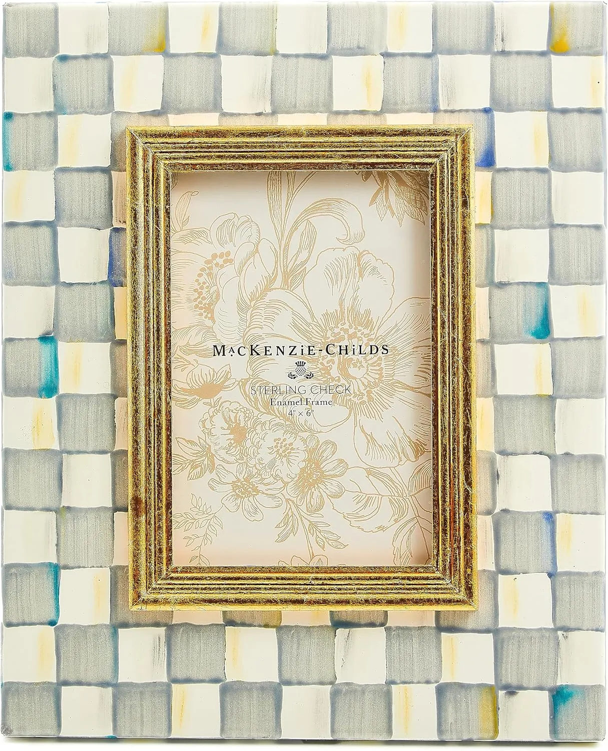 MACKENZIE-CHILDS Decorative Enamel 5" x 7" Frame, Cute Rectangular Family Picture Frame, Gray-and-White Sterling Check