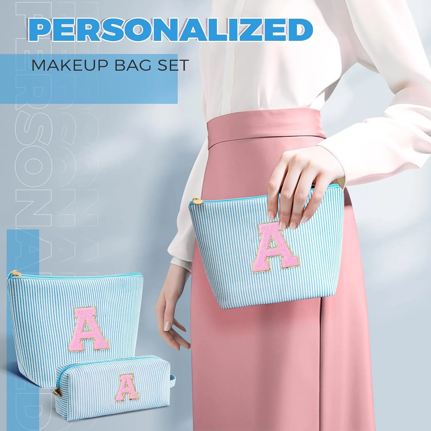 Makeup Bag Set Initials Cosmetic Bag,Gifts for 10 11 12 13 14 15 16 17 18 Years Old Girl Girlfriend Teen Girls Gift Trendy Stuff Personalized Toiletry Bag Travel - Blue,A