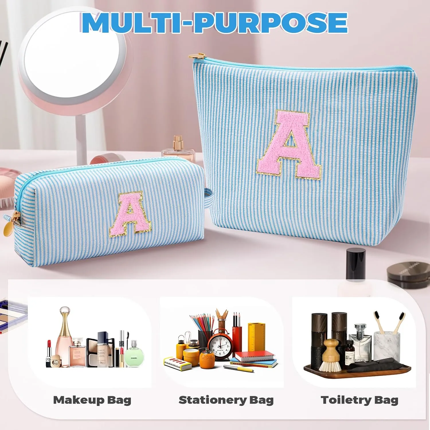 Makeup Bag Set Initials Cosmetic Bag,Gifts for 10 11 12 13 14 15 16 17 18 Years Old Girl Girlfriend Teen Girls Gift Trendy Stuff Personalized Toiletry Bag Travel - Blue,A