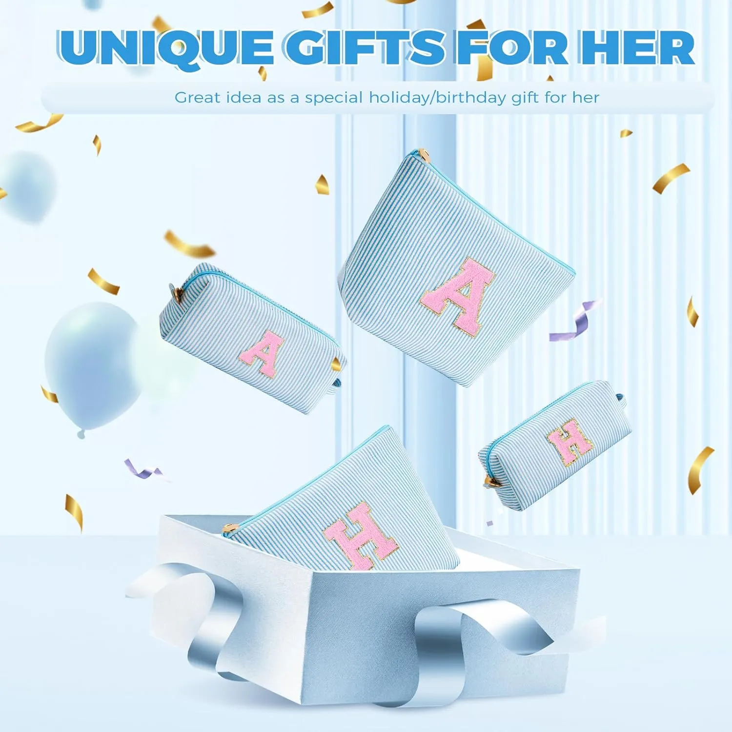 Makeup Bag Set Initials Cosmetic Bag,Gifts for 10 11 12 13 14 15 16 17 18 Years Old Girl Girlfriend Teen Girls Gift Trendy Stuff Personalized Toiletry Bag Travel - Blue,A
