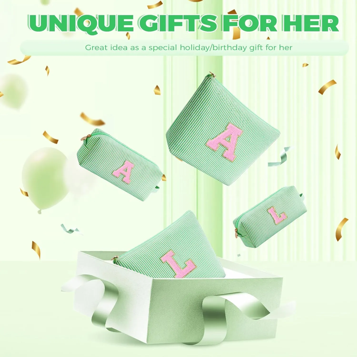 Makeup Bag Set Initials Cosmetic Bag,Gifts for 10 11 12 13 14 15 16 17 18 Years Old Girl Girlfriend Teen Girls Gift Trendy Stuff Personalized Toiletry Bag Travel - Green,A
