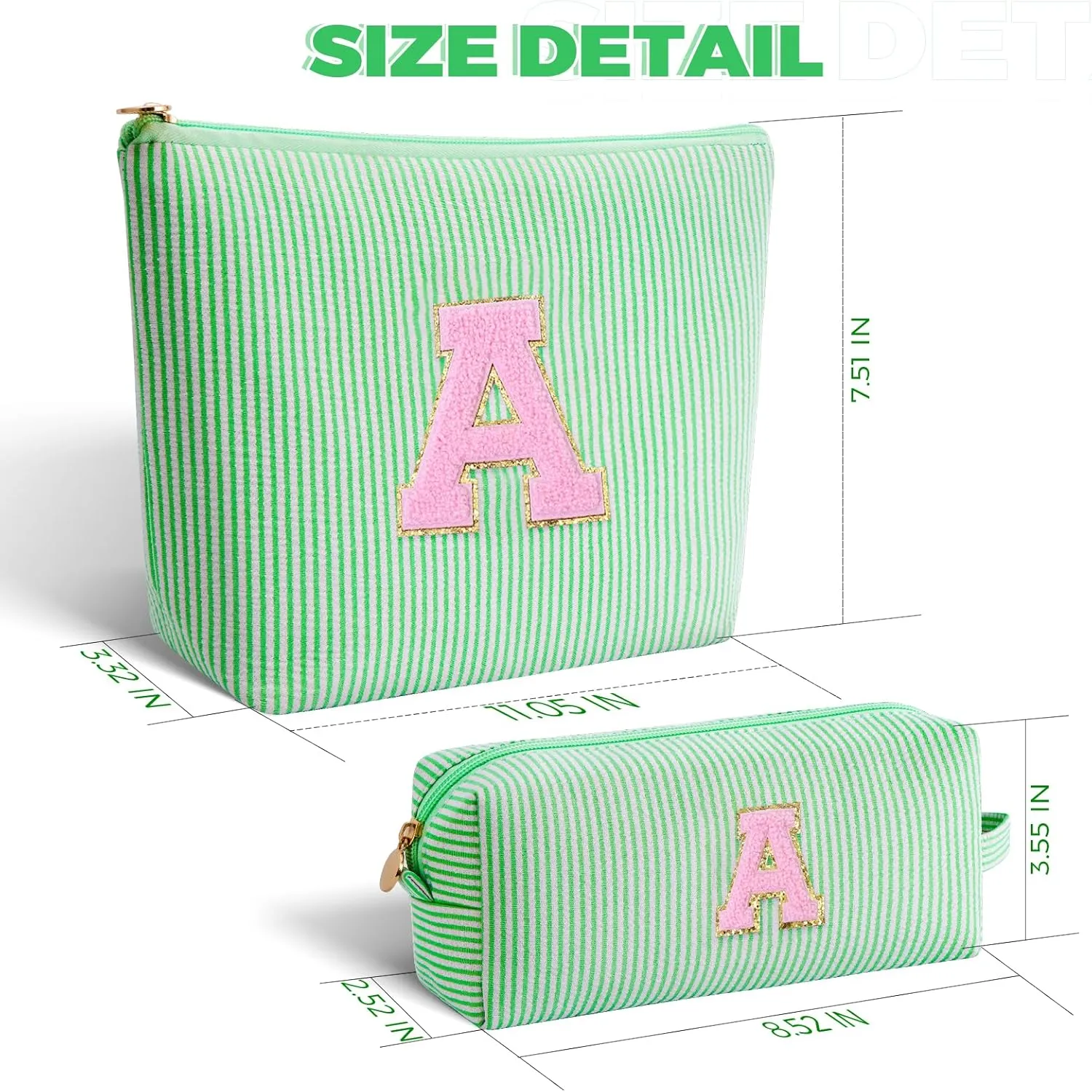 Makeup Bag Set Initials Cosmetic Bag,Gifts for 10 11 12 13 14 15 16 17 18 Years Old Girl Girlfriend Teen Girls Gift Trendy Stuff Personalized Toiletry Bag Travel - Green,A