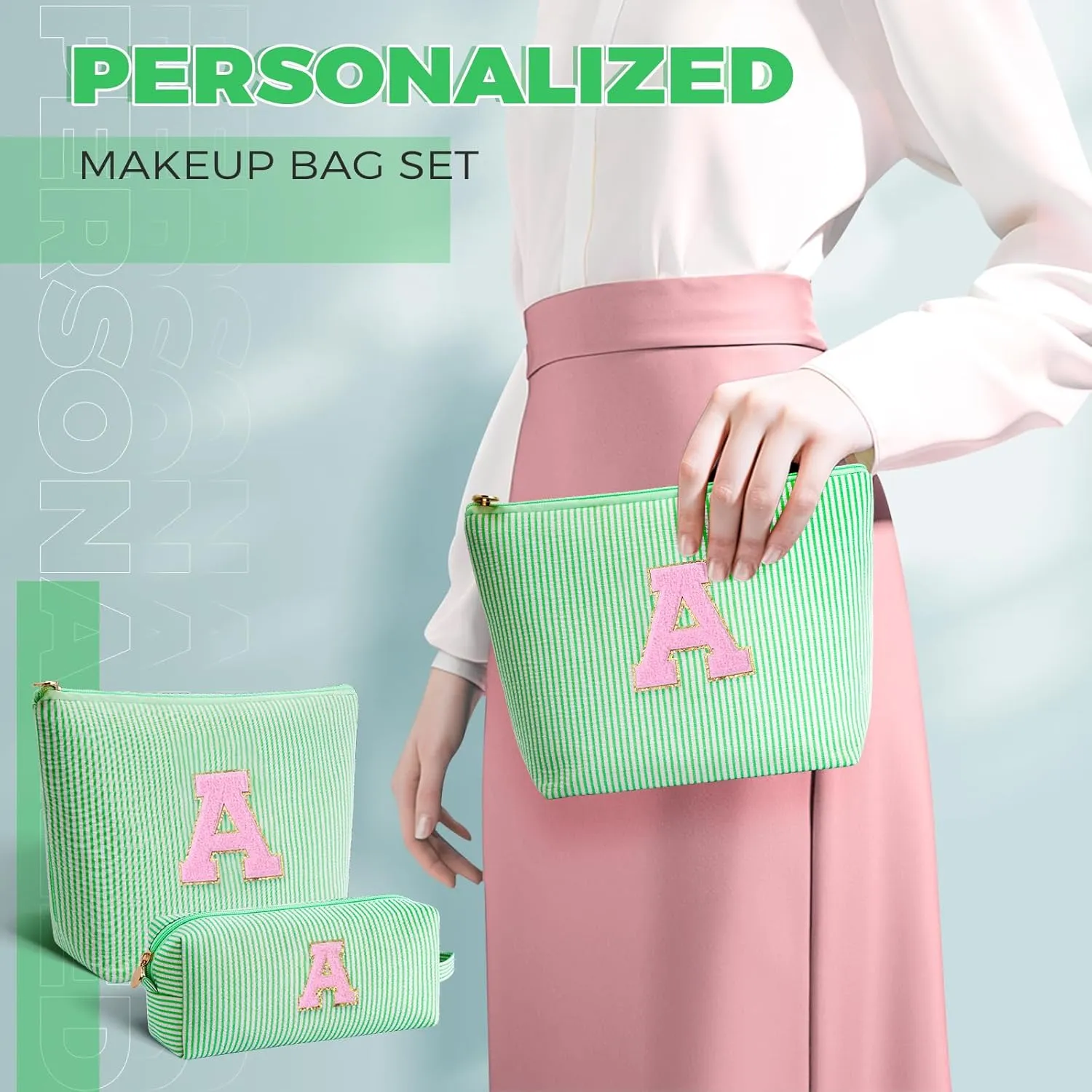 Makeup Bag Set Initials Cosmetic Bag,Gifts for 10 11 12 13 14 15 16 17 18 Years Old Girl Girlfriend Teen Girls Gift Trendy Stuff Personalized Toiletry Bag Travel - Green,A