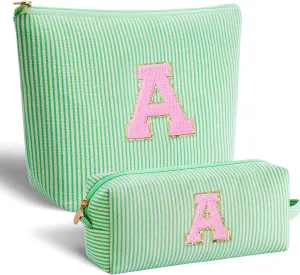 Makeup Bag Set Initials Cosmetic Bag,Gifts for 10 11 12 13 14 15 16 17 18 Years Old Girl Girlfriend Teen Girls Gift Trendy Stuff Personalized Toiletry Bag Travel - Green,A