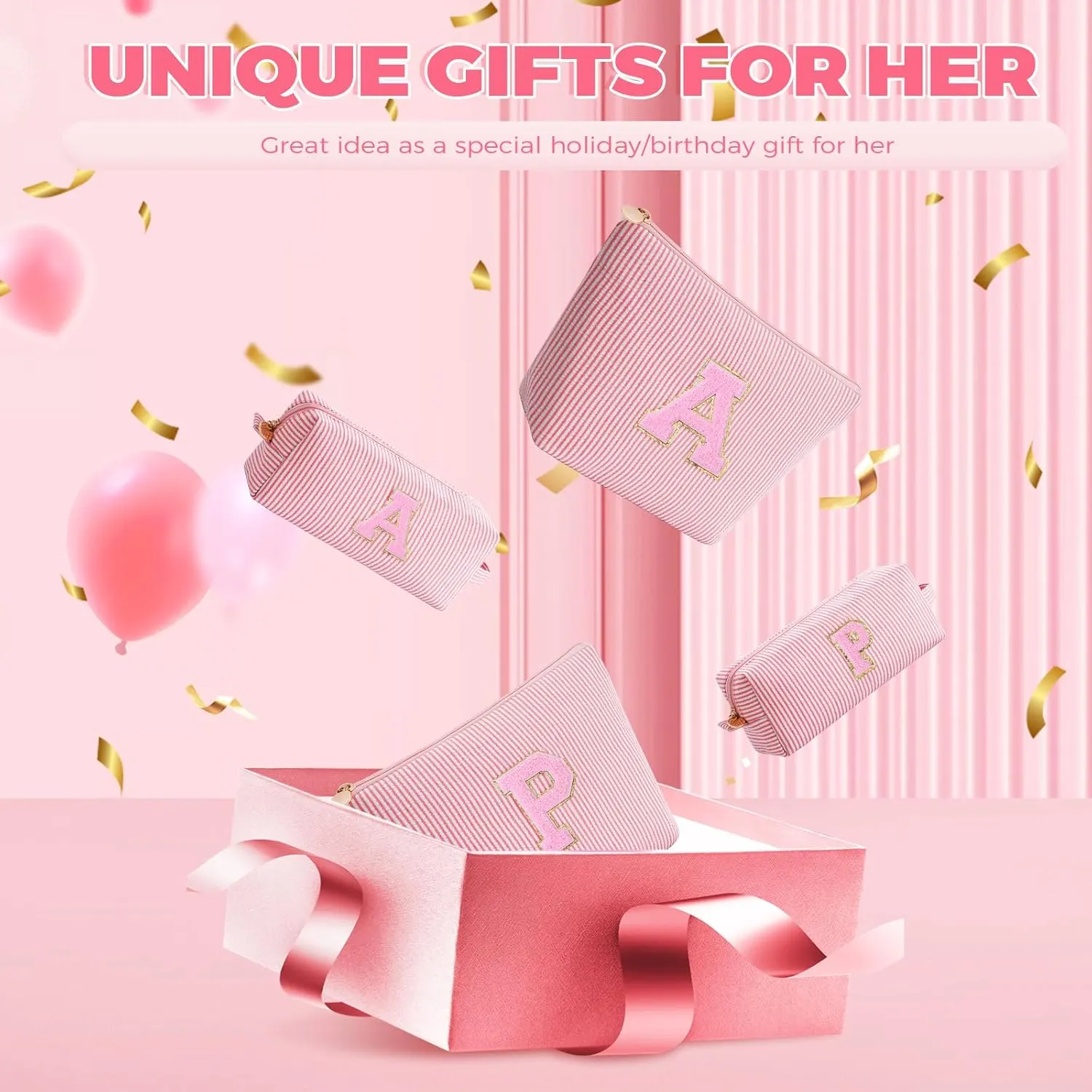 Makeup Bag Set Initials Cosmetic Bag,Gifts for 10 11 12 13 14 15 16 17 18 Years Old Girl Girlfriend Teen Girls Gift Trendy Stuff Personalized Toiletry Bag Travel - Peach,A