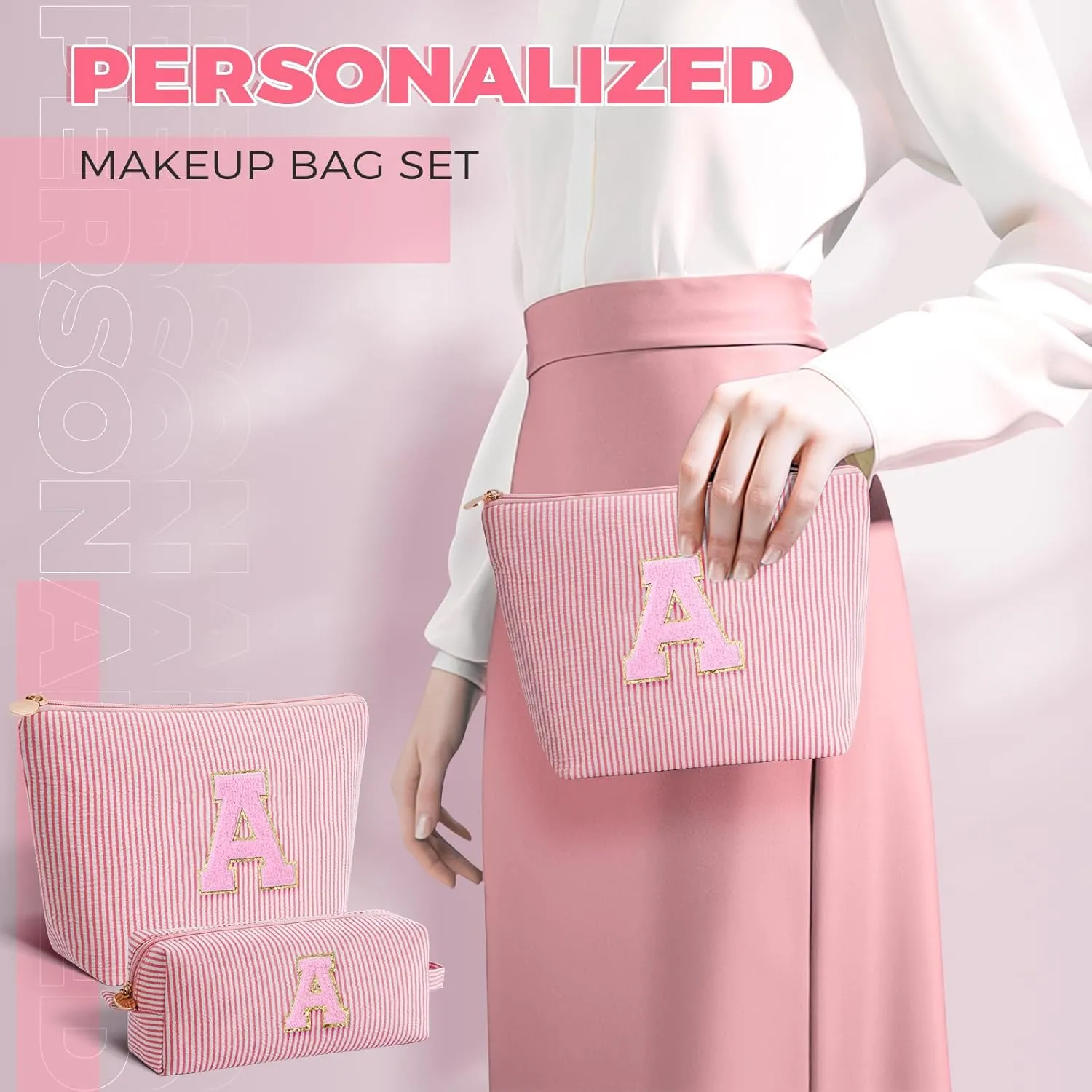 Makeup Bag Set Initials Cosmetic Bag,Gifts for 10 11 12 13 14 15 16 17 18 Years Old Girl Girlfriend Teen Girls Gift Trendy Stuff Personalized Toiletry Bag Travel - Peach,A