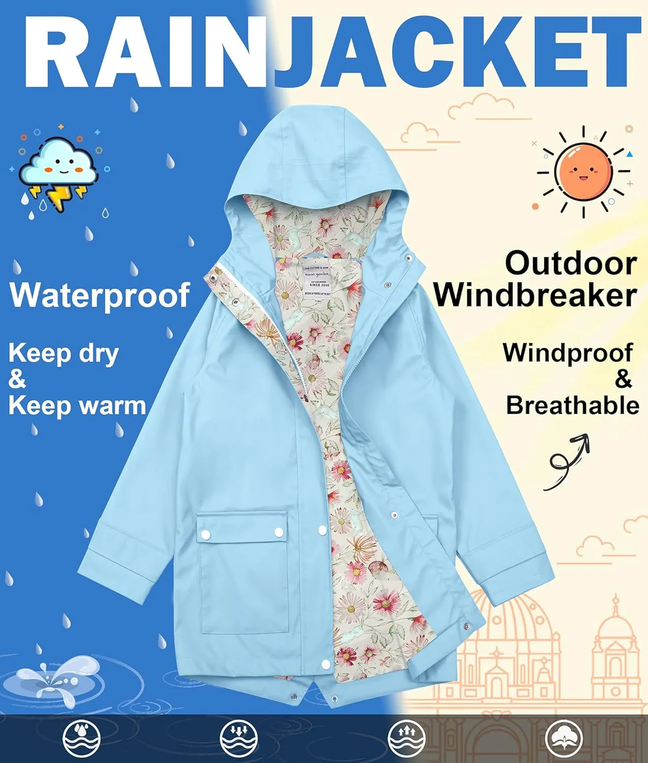 maoo garden Girls Boys Rain Jacket Lightweight Waterproof Raincoat Hooded Lined Long Windbreaker