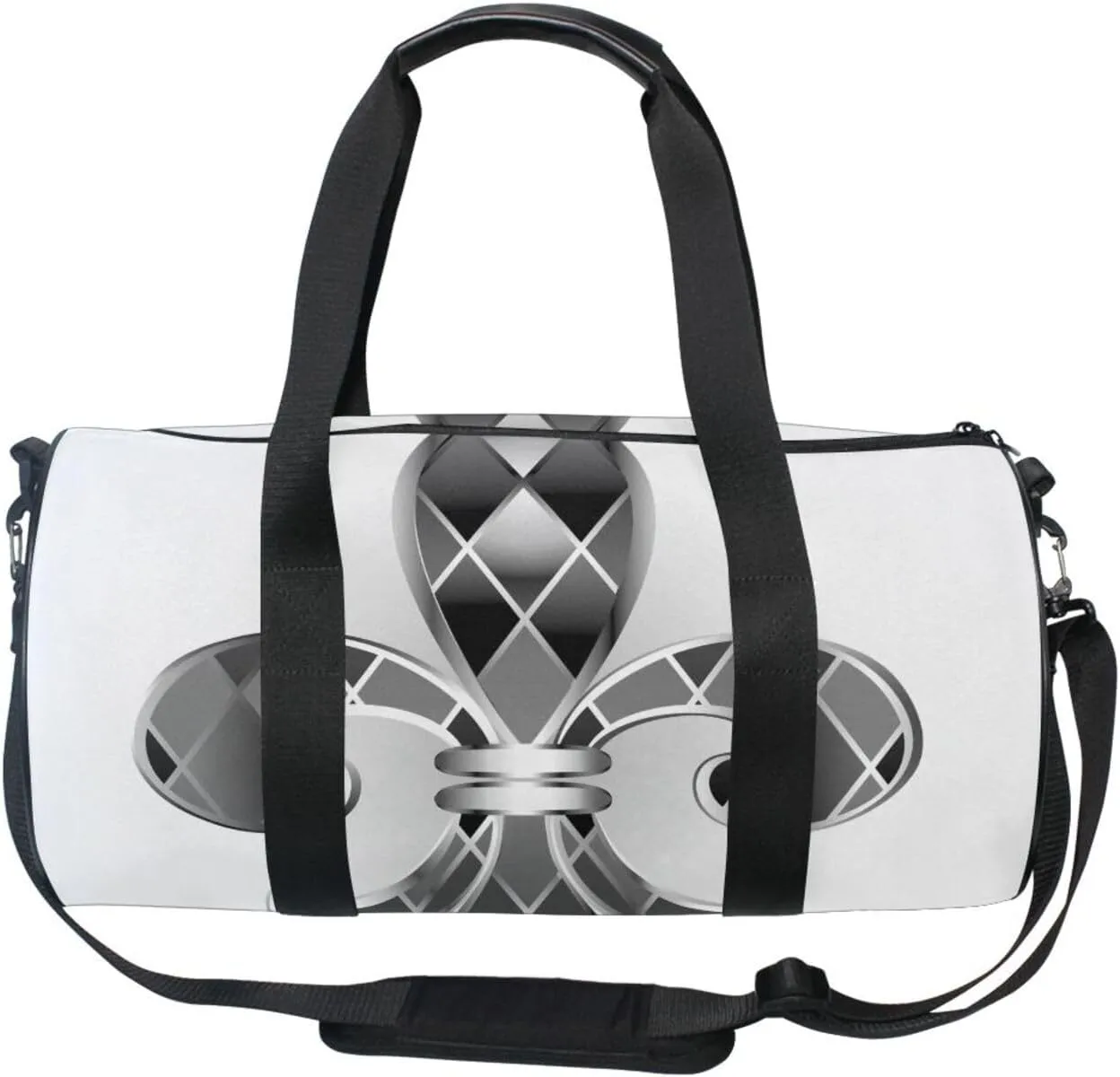 Mardi Gras Silver Jewelry Lily Fleur de Lis Green Purple Diamonds Portable Gym Bag, Travel Bag, Luggage bag, Sports Bag, Toiletry Bag with Handles, Detachable Shoulder Strap 17.6 x 9 x 9 inch