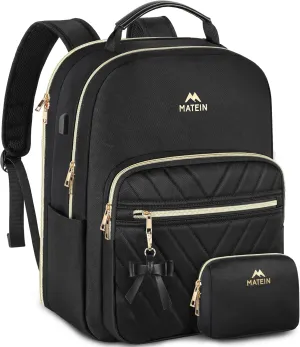 MATEIN Backpack Purse for Women, 17 inch Stylish Cute Waterproof Backpack Purse with USB Port, Waterproof Fashion Casual Daily Shoulder Bag for Work College Travel, Gifts for Ladies, 2pcs Set, Black