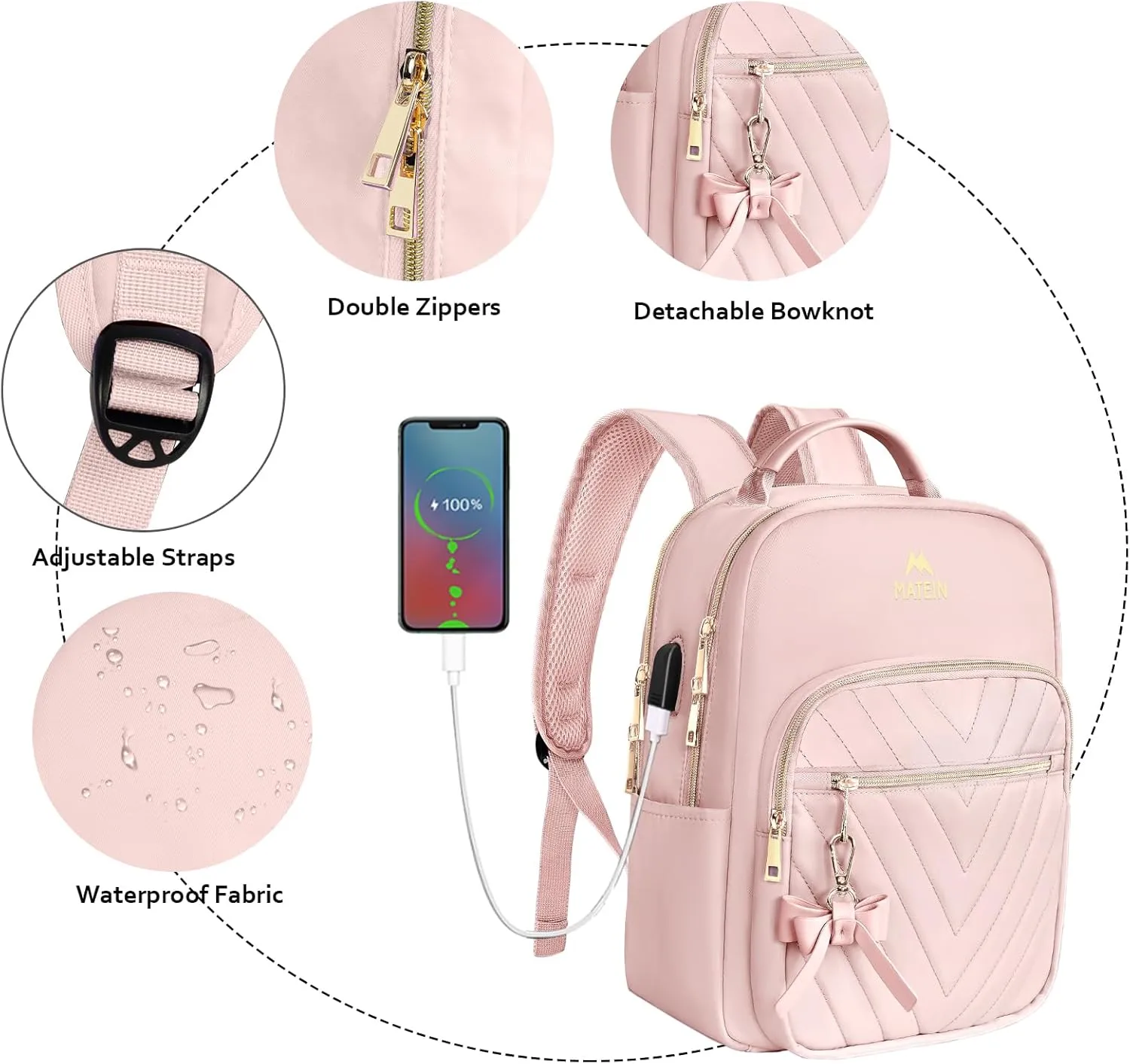MATEIN Bowknot Cute Backpack Purse, Fashion Mini Shoulder Bag with USB Charging Port, Waterproof Lightweight Travel Daily Backpack College Handbag for Ladies Women, 2pcs Sets, Pink