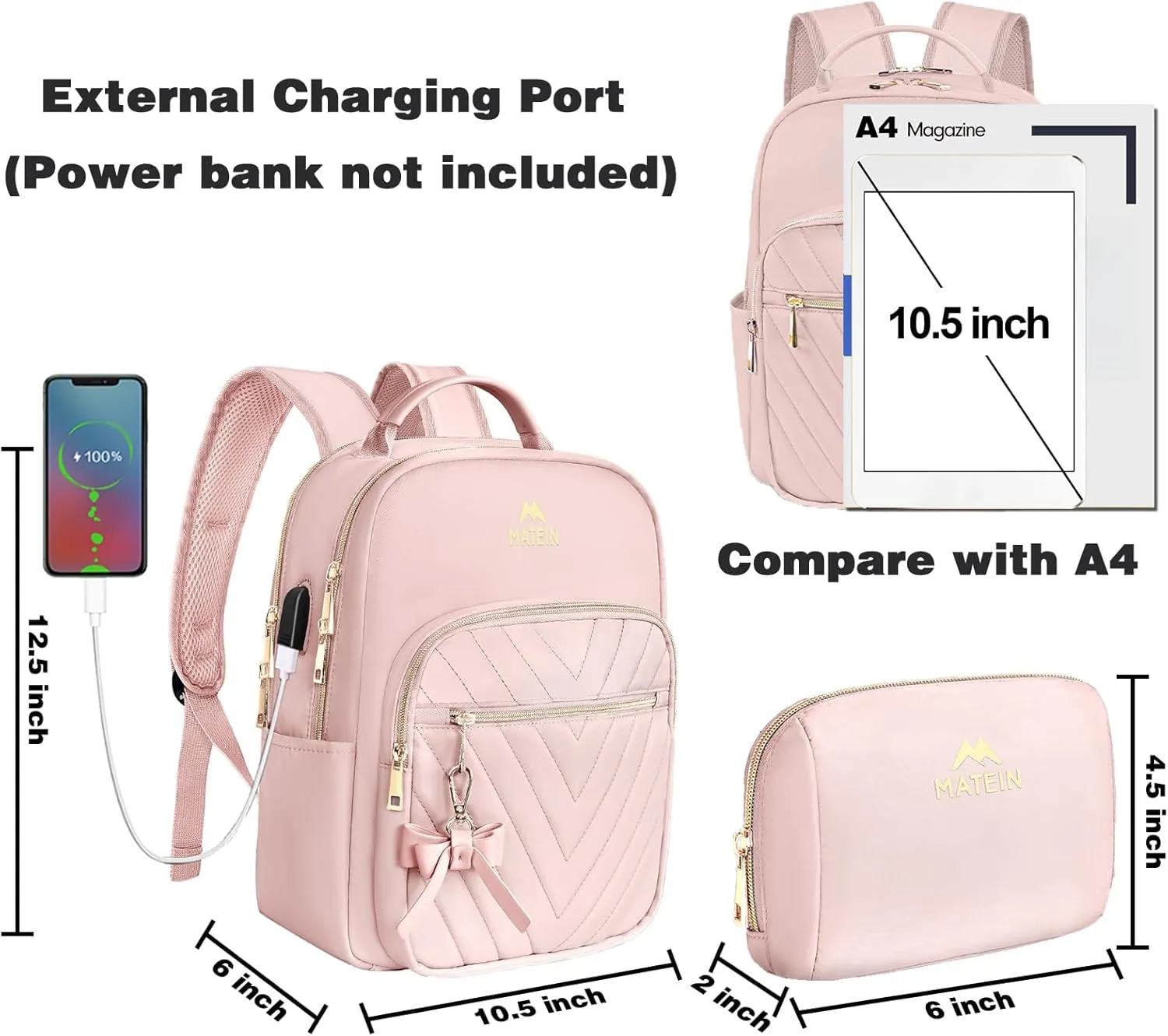 MATEIN Bowknot Cute Backpack Purse, Fashion Mini Shoulder Bag with USB Charging Port, Waterproof Lightweight Travel Daily Backpack College Handbag for Ladies Women, 2pcs Sets, Pink