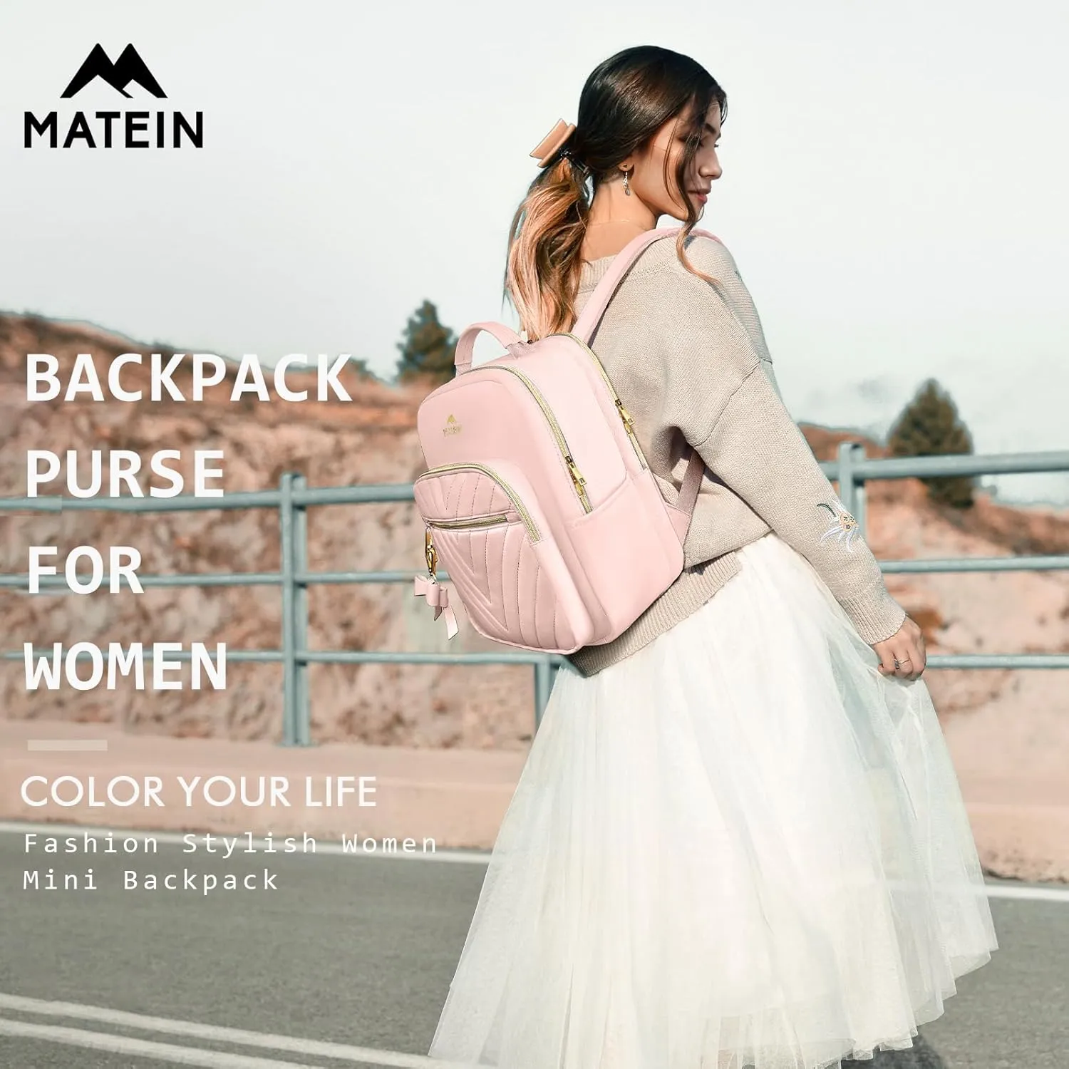 MATEIN Bowknot Cute Backpack Purse, Fashion Mini Shoulder Bag with USB Charging Port, Waterproof Lightweight Travel Daily Backpack College Handbag for Ladies Women, 2pcs Sets, Pink
