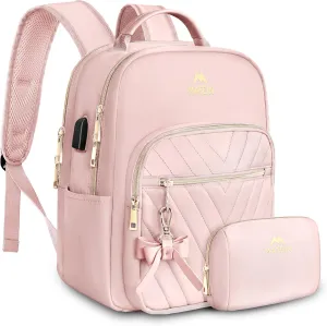 MATEIN Bowknot Cute Backpack Purse, Fashion Mini Shoulder Bag with USB Charging Port, Waterproof Lightweight Travel Daily Backpack College Handbag for Ladies Women, 2pcs Sets, Pink