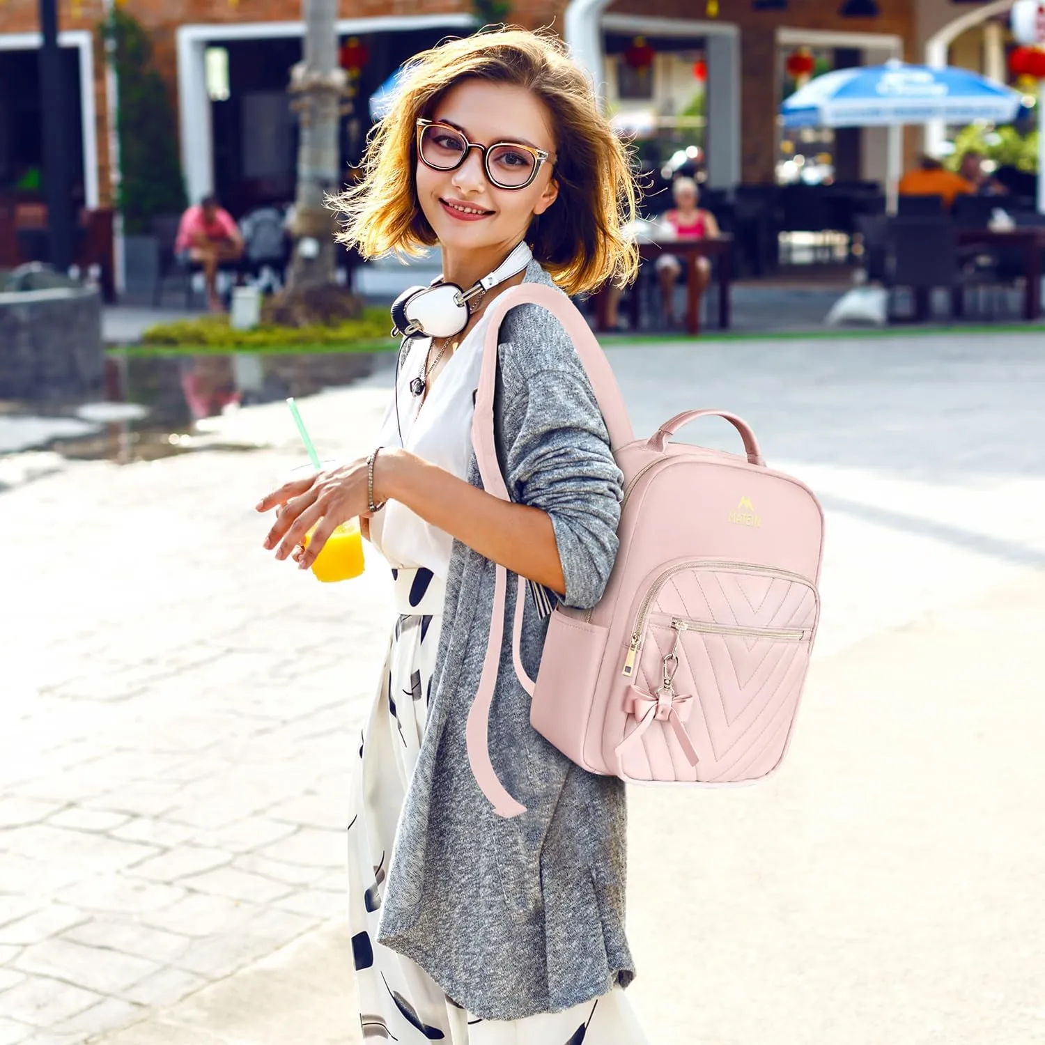 MATEIN Bowknot Cute Backpack Purse, Fashion Mini Shoulder Bag with USB Charging Port, Waterproof Lightweight Travel Daily Backpack College Handbag for Ladies Women, 2pcs Sets, Pink