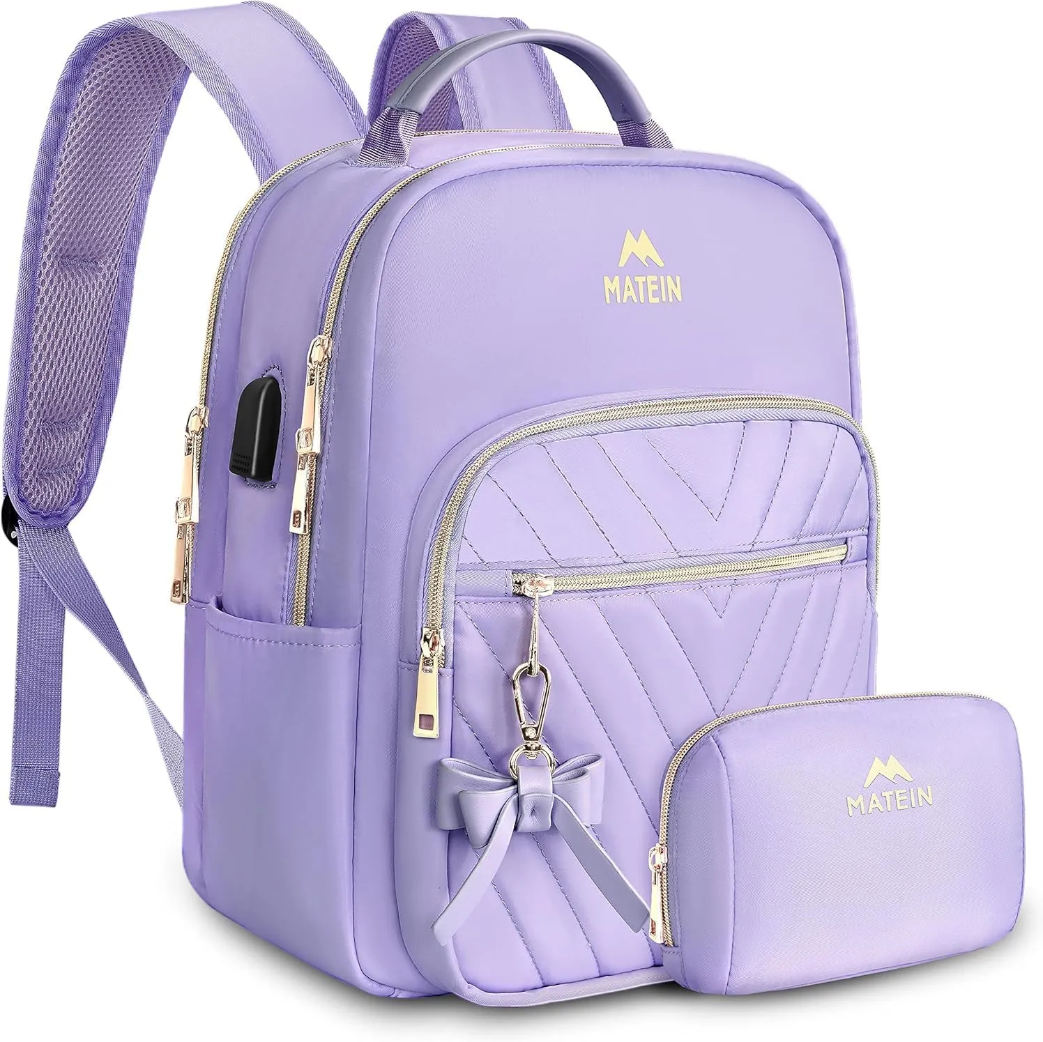 MATEIN Womens Backpack Purse, Fashion Cute Bowknot Mini Backpack Purse with USB Charging Port, Waterproof Stylish Multipurpose Design Casual Daily Travel Backpack Ladies Handbags, 2pcs Sets, Purple
