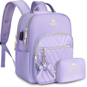 MATEIN Womens Backpack Purse, Fashion Cute Bowknot Mini Backpack Purse with USB Charging Port, Waterproof Stylish Multipurpose Design Casual Daily Travel Backpack Ladies Handbags, 2pcs Sets, Purple