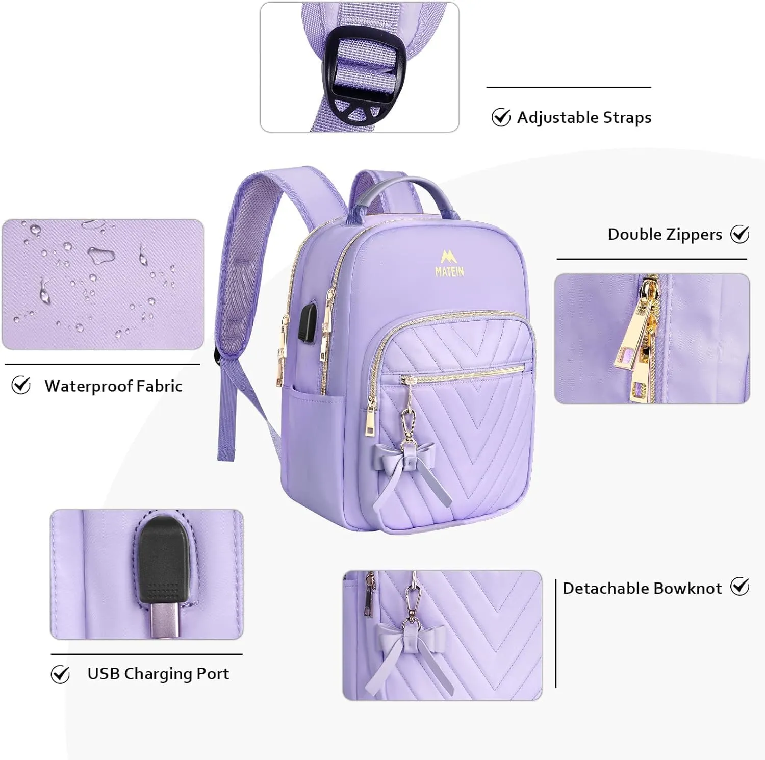 MATEIN Womens Backpack Purse, Fashion Cute Bowknot Mini Backpack Purse with USB Charging Port, Waterproof Stylish Multipurpose Design Casual Daily Travel Backpack Ladies Handbags, 2pcs Sets, Purple