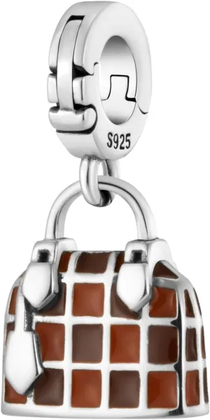 Material World Designer Purse Checkered Bag Multi-Clasp Clip On Pendant 925 Sterling Silver Charm For Pandora & Other Charm Bracelets/Necklaces/Anklets/Etc