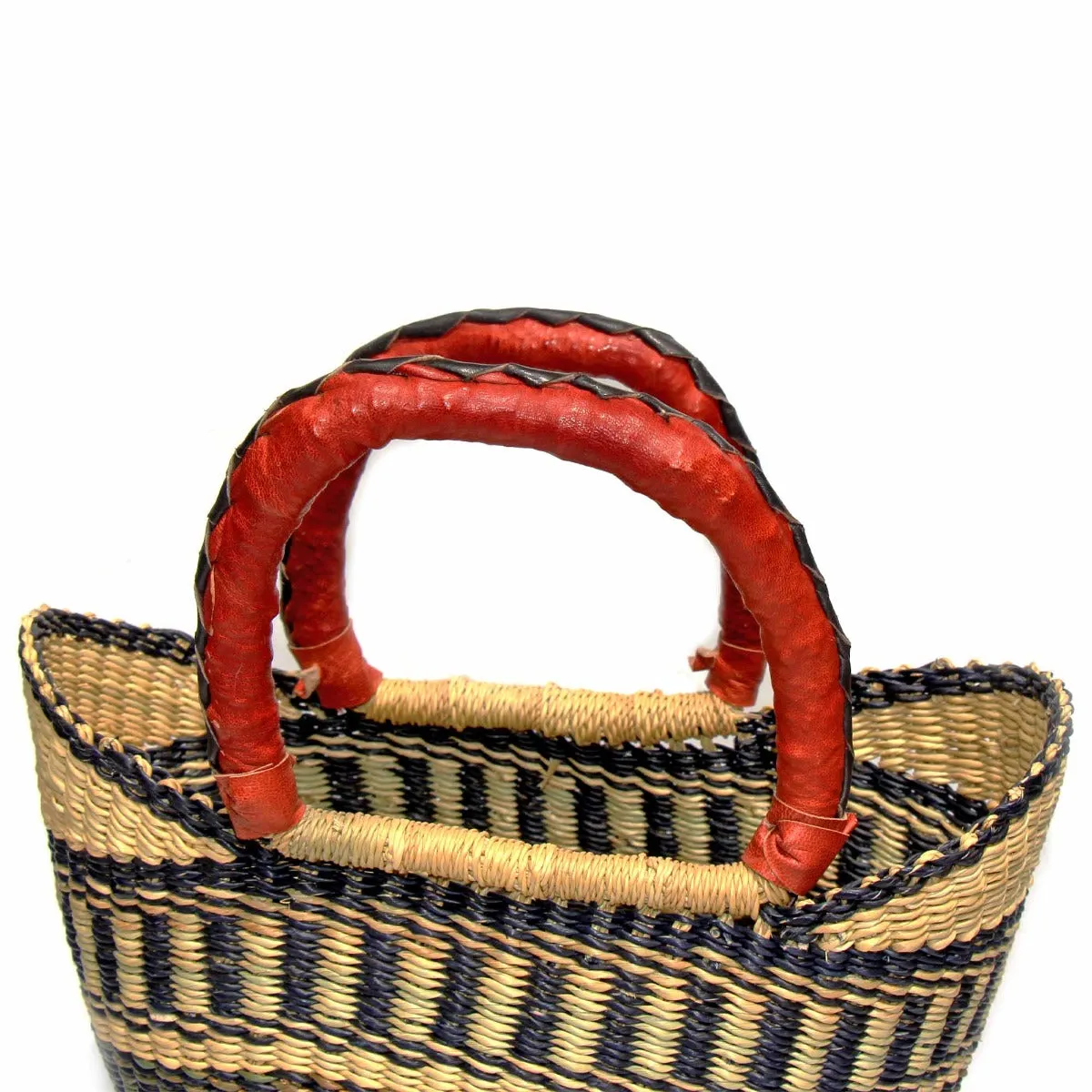 Medium Market Bolga Tote- Neutrals-Brown/Beige/Tan with Leather Handle - 14"