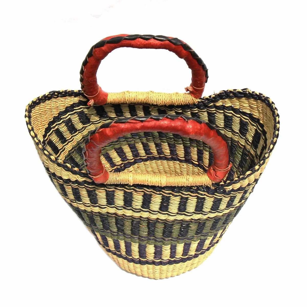 Medium Market Bolga Tote- Neutrals-Brown/Beige/Tan with Leather Handle - 14"