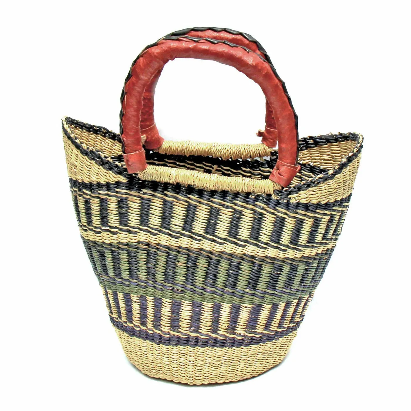 Medium Market Bolga Tote- Neutrals-Brown/Beige/Tan with Leather Handle - 14"