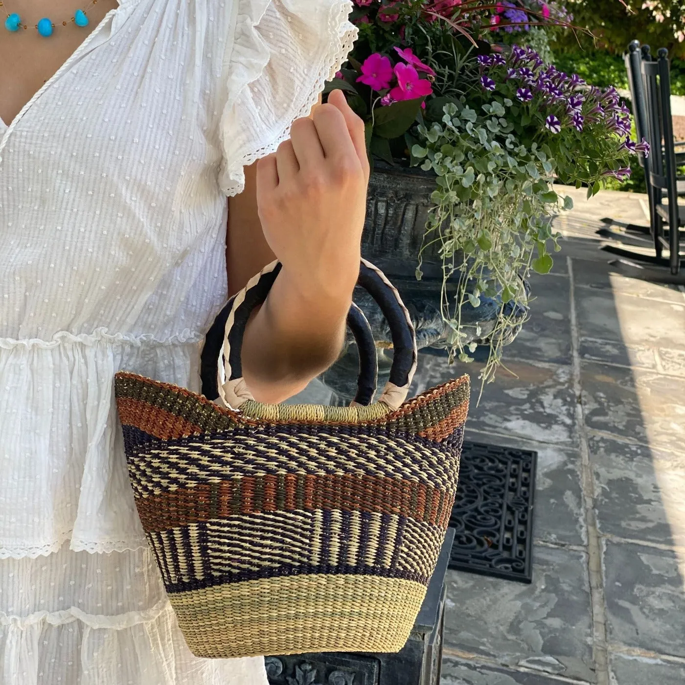 Medium Market Bolga Tote- Neutrals-Brown/Beige/Tan with Leather Handle - 14"