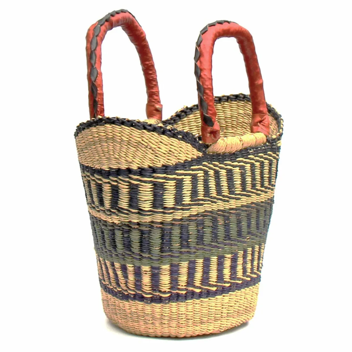 Medium Market Bolga Tote- Neutrals-Brown/Beige/Tan with Leather Handle - 14"