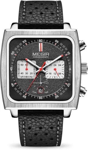 MEGIR Men's Rectangle Business Work Analogue Quartz Chronograph Luminous Sport Wrist Watch with Leather Strap 2182 Black