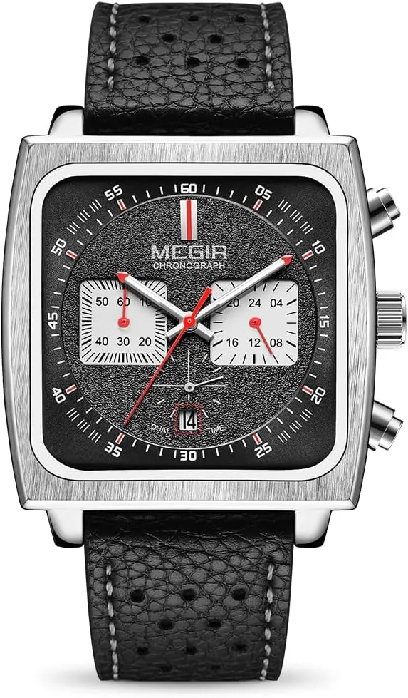 MEGIR Men's Rectangle Business Work Analogue Quartz Chronograph Luminous Sport Wrist Watch with Leather Strap 2182 Black