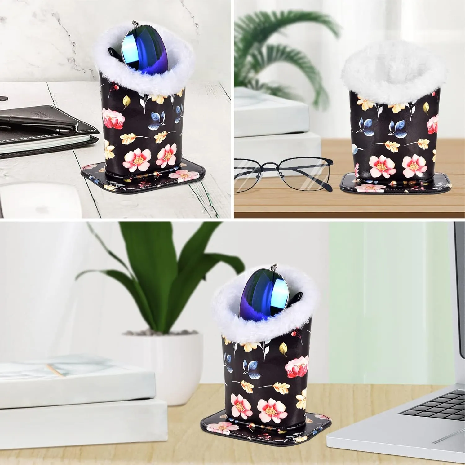 Megrez Plush Lined Eyeglass Holder PU Leather Glass Stand with Magnetic-Base