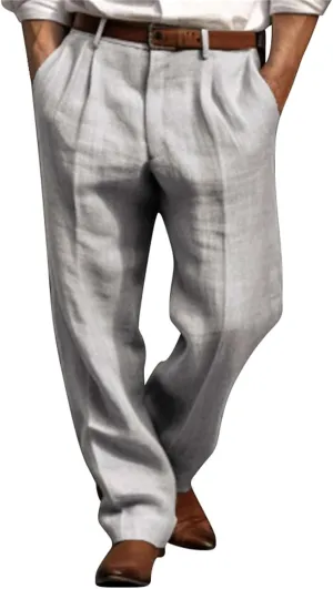 Men Casual Pants Linen Double Pleated Front Bag Belt Straight Leg Trousers Comfortable Breathable Business Work Pants