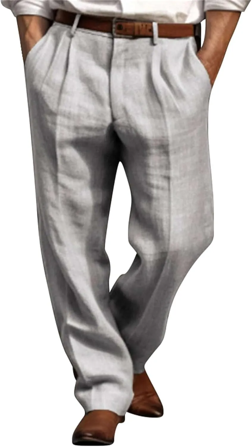 Men Casual Pants Linen Double Pleated Front Bag Belt Straight Leg Trousers Comfortable Breathable Business Work Pants