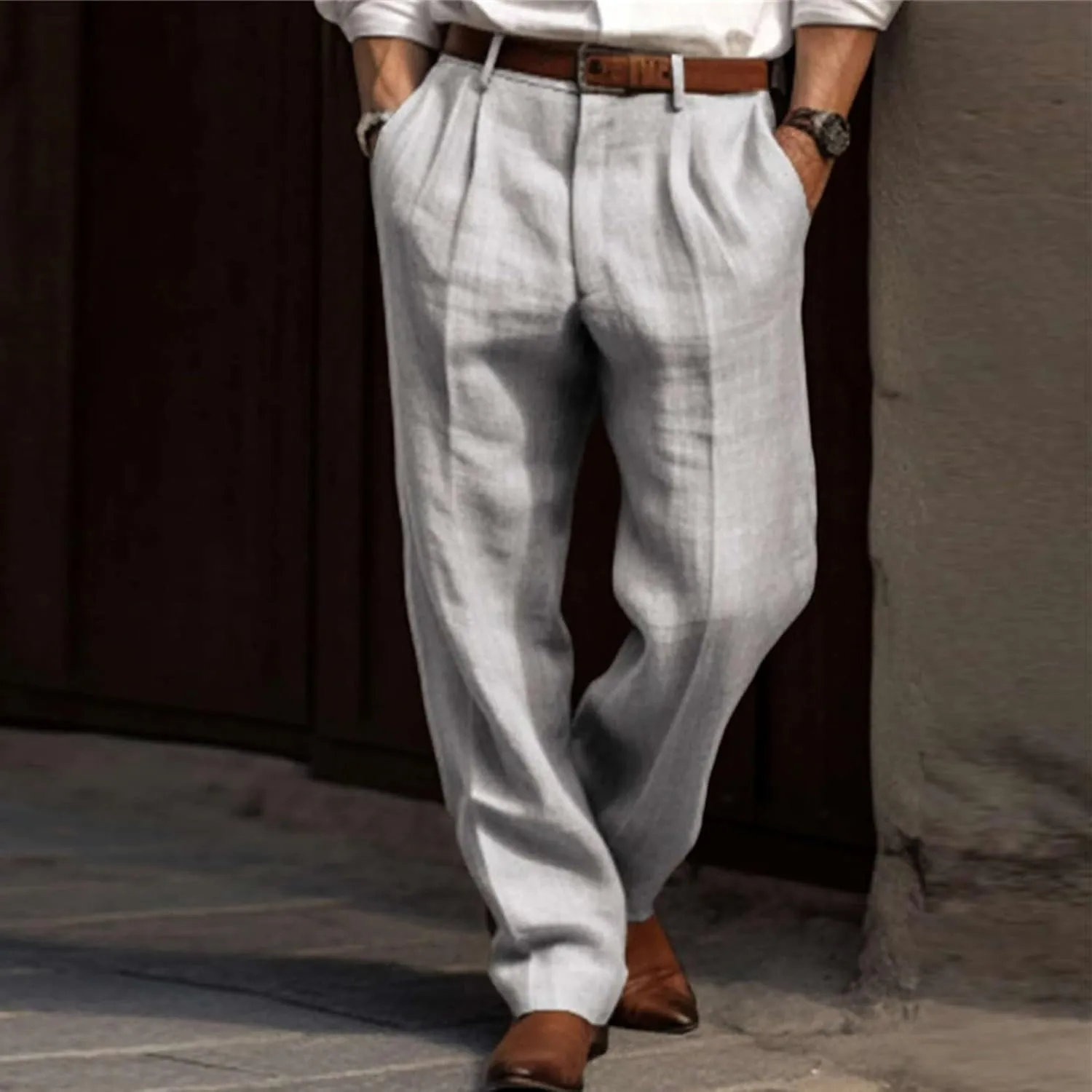 Men Casual Pants Linen Double Pleated Front Bag Belt Straight Leg Trousers Comfortable Breathable Business Work Pants