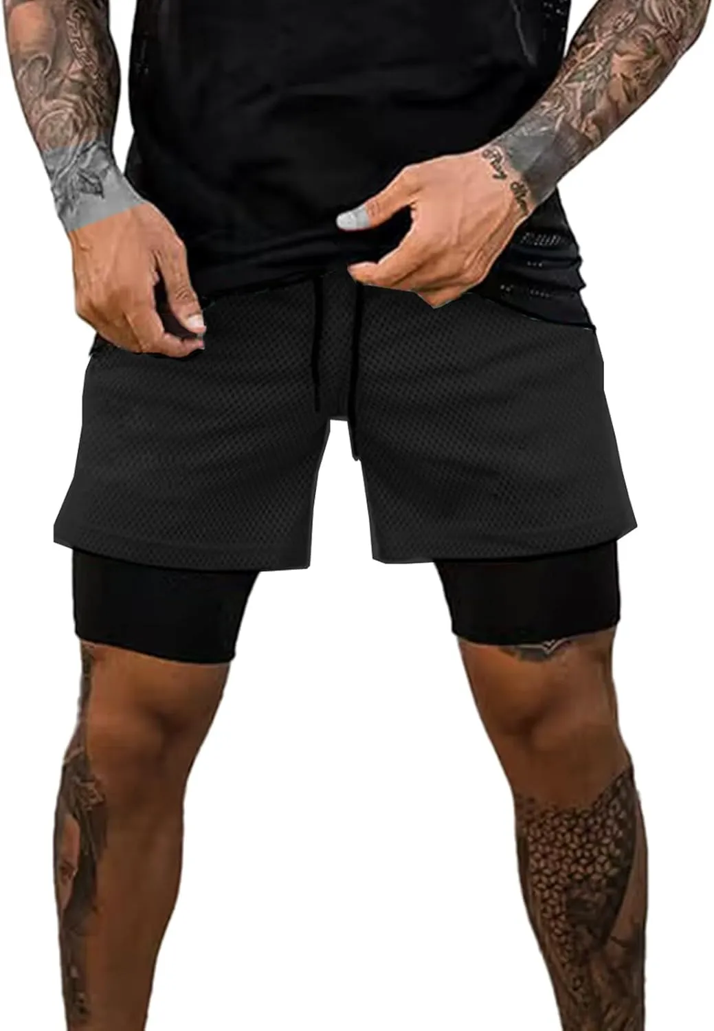 Men’s 2 in 1 Running Shorts with Pockets Quick Dry Breathable Active Gym Workout Shorts