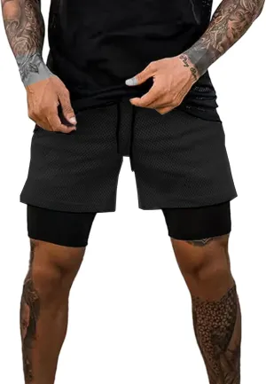 Men’s 2 in 1 Running Shorts with Pockets Quick Dry Breathable Active Gym Workout Shorts