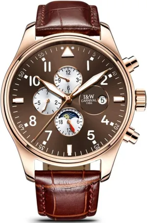 Men's Automatic Watch Genuine Leather Band Watch, Blue Face Analog Men Wrist Watch Waterproof Chronograph Calendar Date Men Watches (Color : Brown, Size : Brown Band)
