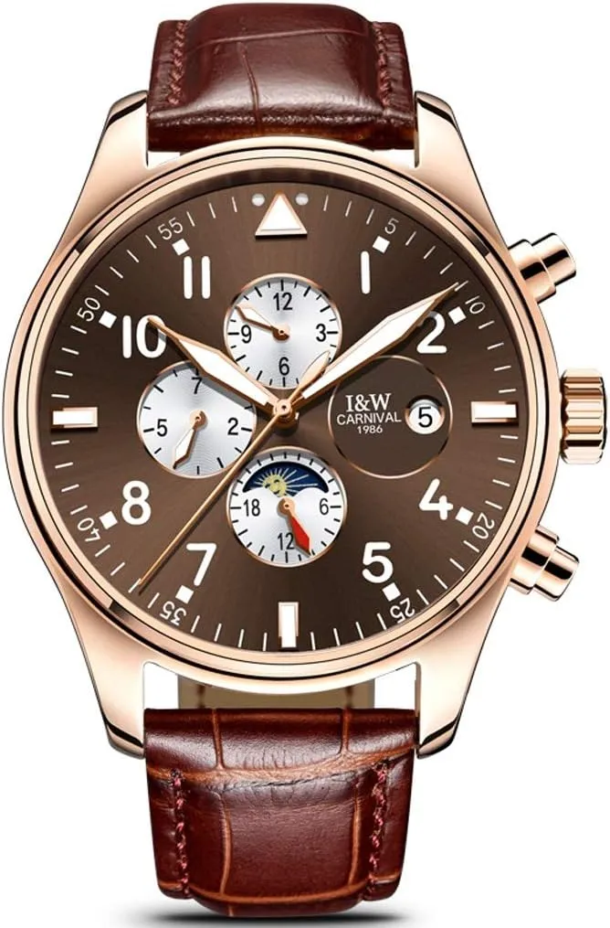 Men's Automatic Watch Genuine Leather Band Watch, Blue Face Analog Men Wrist Watch Waterproof Chronograph Calendar Date Men Watches (Color : Brown, Size : Brown Band)