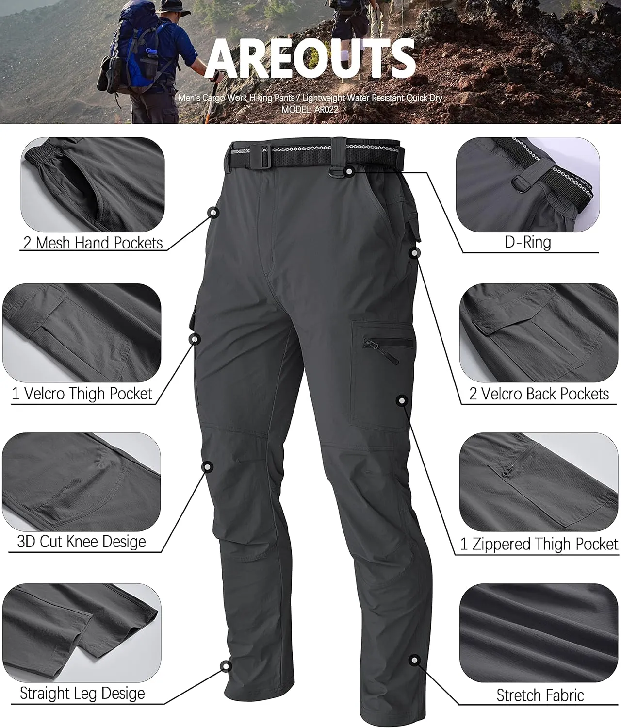 Men's Cargo Work Hiking Pants Lightweight Water Resistant Quick Dry Fishing Travel Camping Outdoor Breathable Multi Pockets