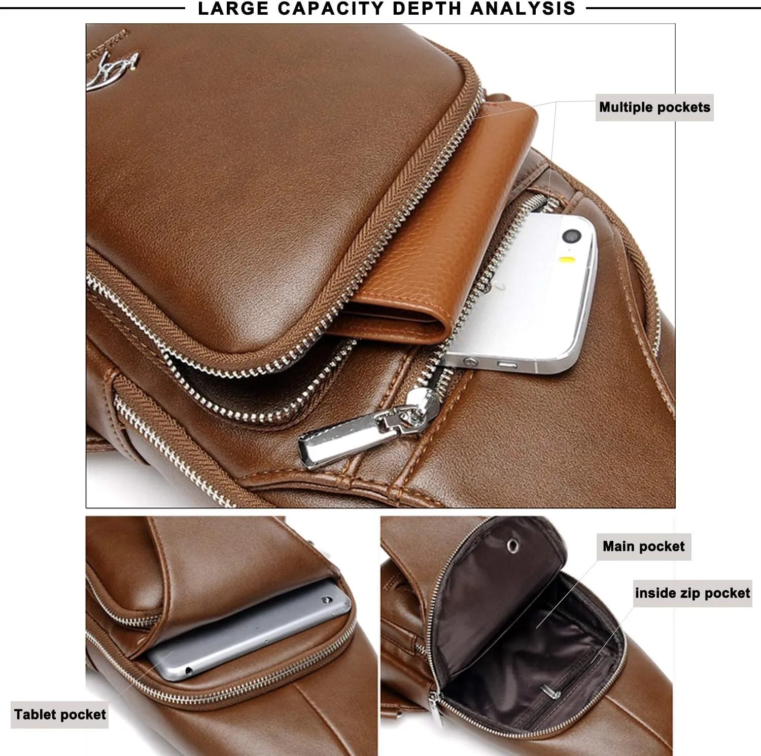 Men's Leather Sling Bag Chest Shoulder Bags Anti-theft Backpack Purse