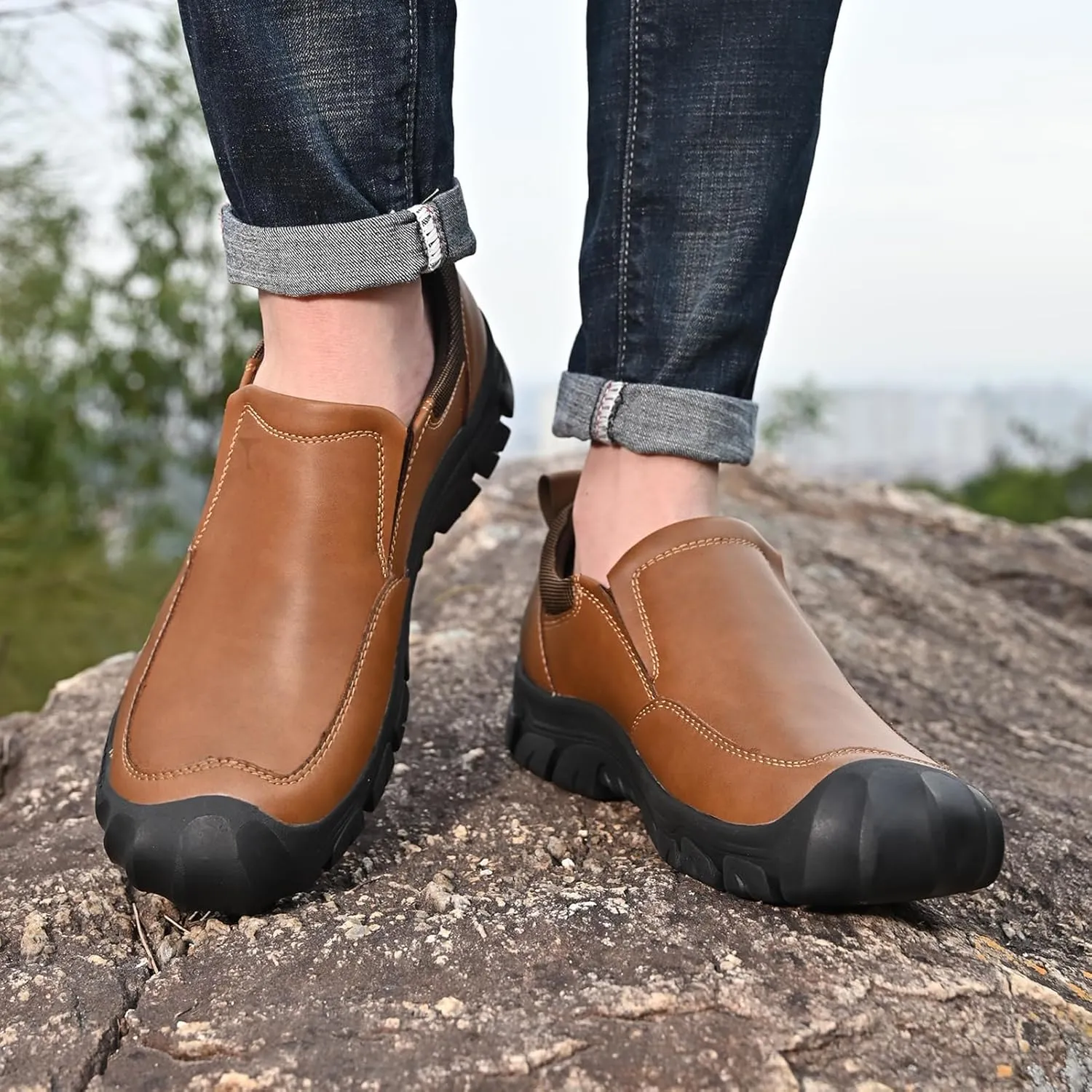 Mens Leather Slip On Hiking Outdoor Waterproof Causal Loafers Work Walking Shoes