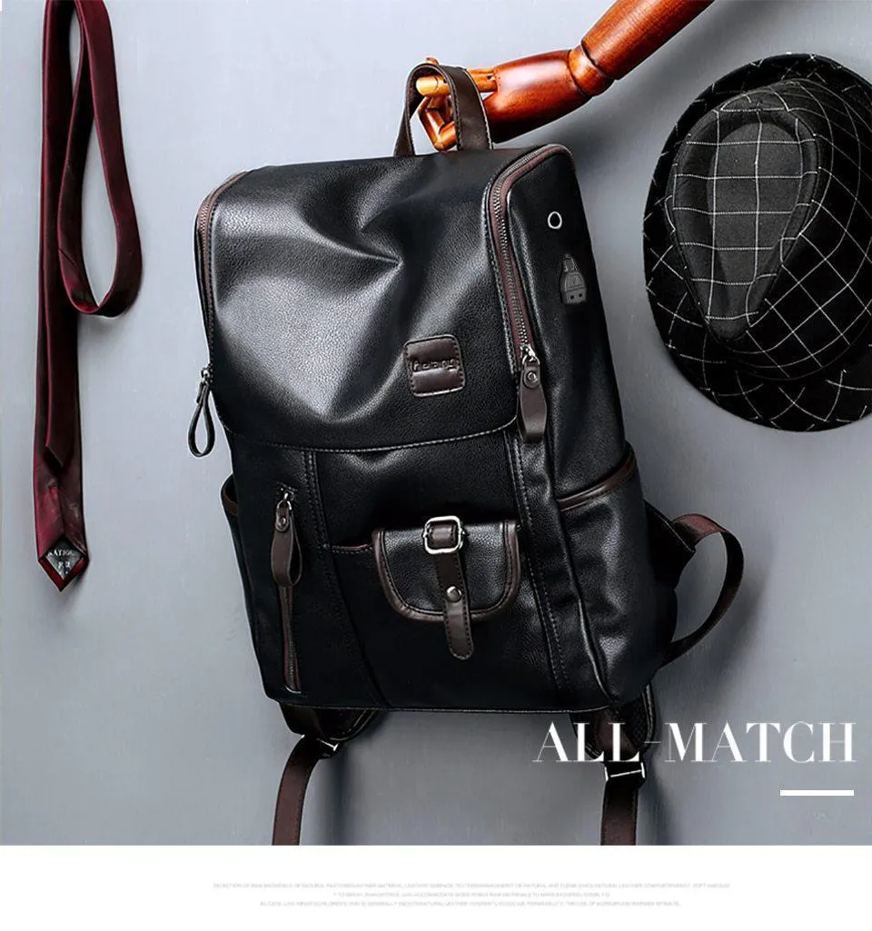Men's Leather USB Charging Backpack - Anti Theft