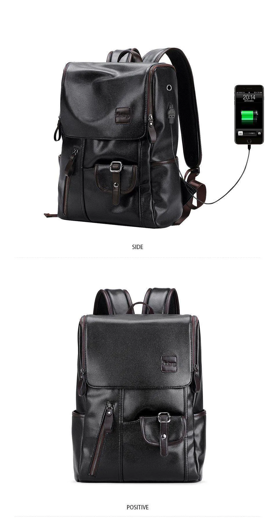 Men's Leather USB Charging Backpack - Anti Theft