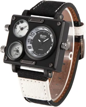 Men's Military Sport Multi Time Zone Canvas Band Square Dial Quartz Watch White-Black