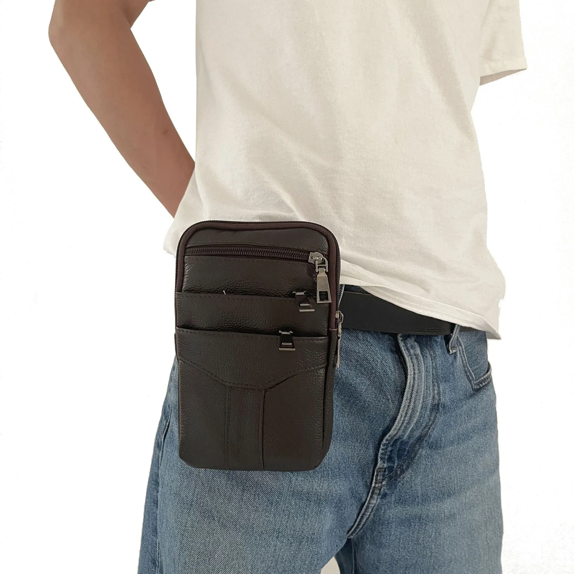 Men's Mobile Leather Pocket Portable Double Zipper Men's Waist Packs