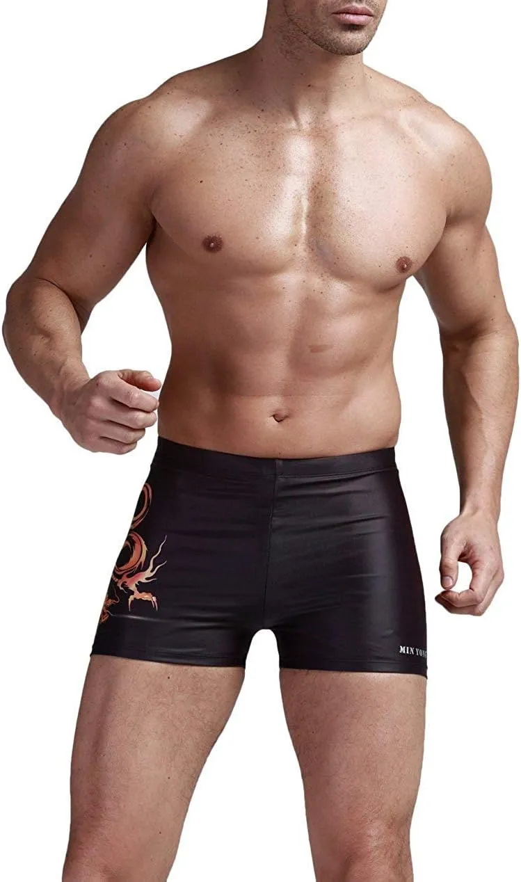 Men's Square Leg Swimsuit Jammer Shorts Athletic Men Swimwear Black Print Swim