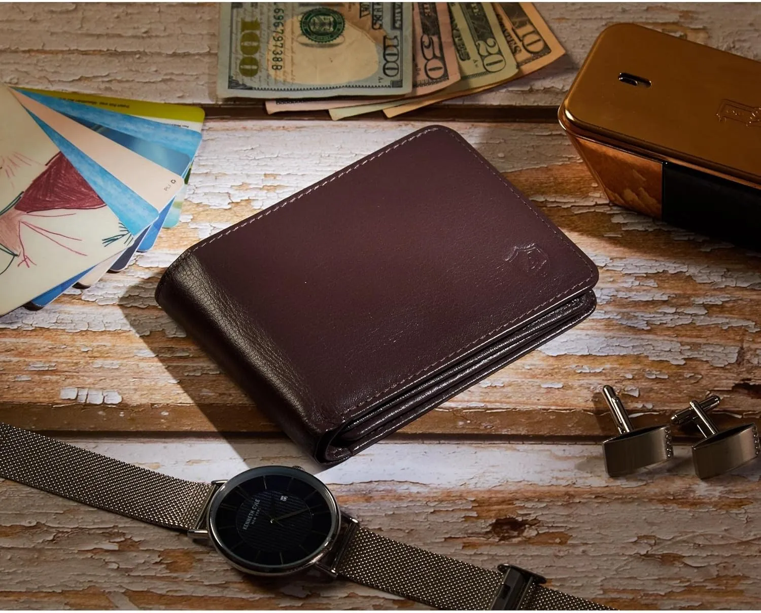 Mens Wallet Real Leather Bifold RFID Blocking High Capacity Card Case with 2 ID Window in Gift Box (Nappa, Chocolate)