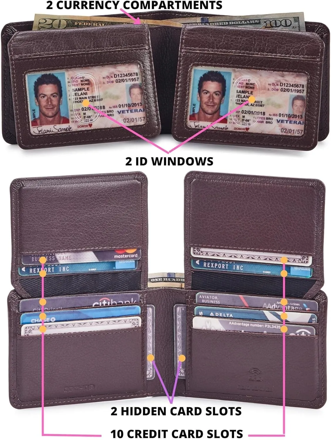 Mens Wallet Real Leather Bifold RFID Blocking High Capacity Card Case with 2 ID Window in Gift Box (Nappa, Chocolate)