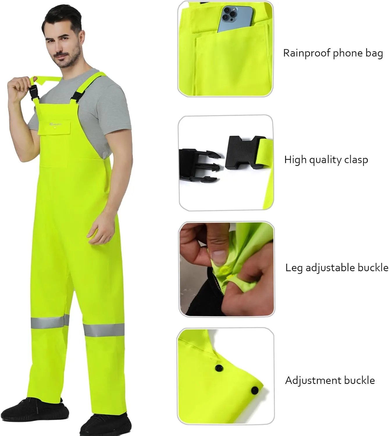 Men's Waterproof Rain Bib Overalls - Windproof Adjustable Outdoor Fishing Workwear Pants