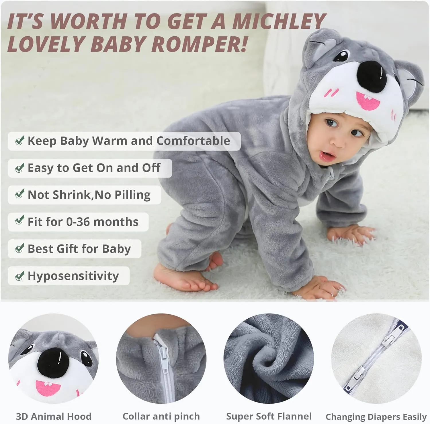 MICHLEY Unisex Baby Animal Costume Winter Autumn Hooded Romper Halloween Cosplay Jumpsuit Outfits
